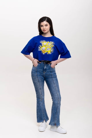 ICONIC CROP TOP: THE QUAD SQUAD - MONARCH BLUE WITH MAJESTIC MARIGOLD