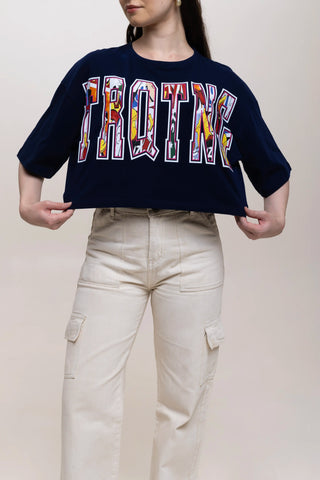 TURQTANG Comic Code Crop Top in Mystic Navy – trendy streetwear crop top with bold style.