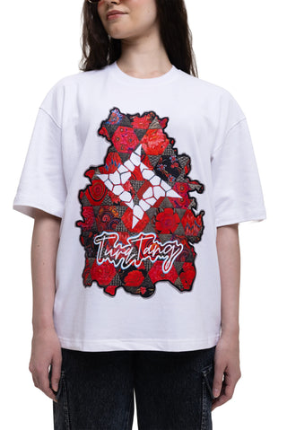TURQTANG Floral Inferno Oversized T-Shirt in Snow White – Artistic streetwear inspired by floral energy.