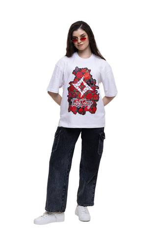 TURQTANG Floral Inferno Oversized T-Shirt in Snow White – Artistic streetwear inspired by floral energy.