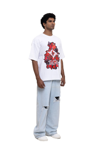 TURQTANG Floral Inferno Oversized T-Shirt in Snow White – Artistic streetwear inspired by floral energy.