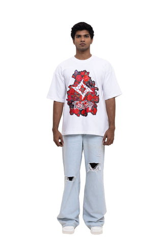 TURQTANG Floral Inferno Oversized T-Shirt in Snow White – Artistic streetwear inspired by floral energy.