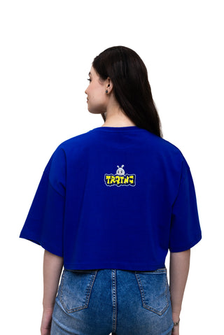 TURQTANG Iconic Crop Top The Quad Squad in Monarch Blue with Majestic Marigold – bold graphic crop top back view.