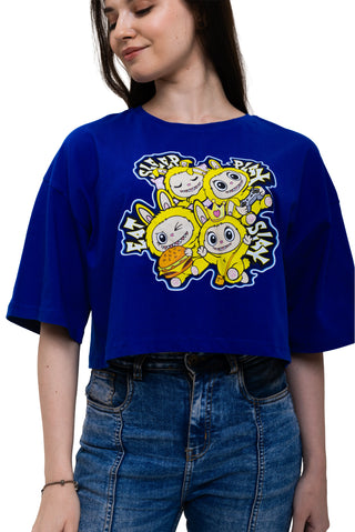 TURQTANG Iconic Crop Top The Quad Squad in Monarch Blue with Majestic Marigold – premium cotton fabric and vibrant graphic detail.