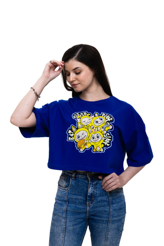 TURQTANG Iconic Crop Top The Quad Squad in Monarch Blue with Majestic Marigold – oversized crop top front view.