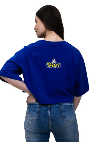 TURQTANG Iconic Crop Top The Quad Squad in Monarch Blue with Majestic Marigold – bold graphic crop top back view.