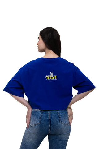TURQTANG Iconic Crop Top The Quad Squad in Monarch Blue with Majestic Marigold – relaxed fit playful streetwear crop top.