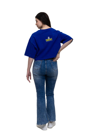 TURQTANG Iconic Crop Top The Quad Squad in Monarch Blue with Majestic Marigold – bold graphic crop top back view.