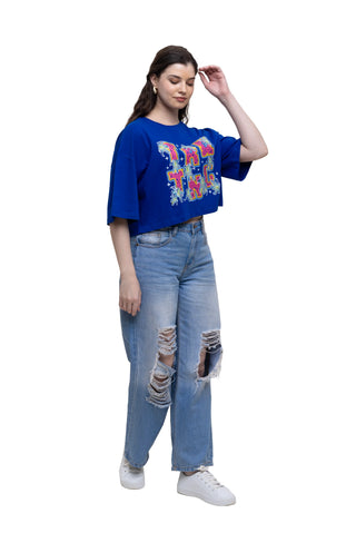 TURQTANG In Full Bloom Crop Top in Monarch Blue – stylish floral streetwear crop top.