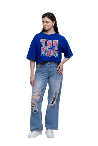 TURQTANG In Full Bloom Crop Top in Monarch Blue – stylish floral streetwear crop top.