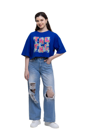 TURQTANG In Full Bloom Crop Top in Monarch Blue – stylish floral streetwear crop top.