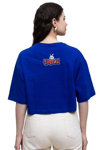 TURQTANG Iconic Crop Top The Quad Squad in Monarch Blue with Crowned Cherry – graphic crop top back view.