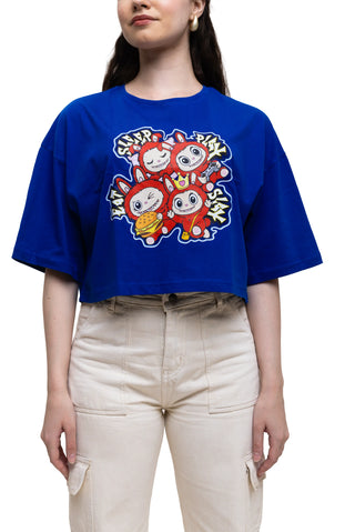 TURQTANG Iconic Crop Top The Quad Squad in Monarch Blue with Crowned Cherry – premium cotton fabric and bold graphic detail.