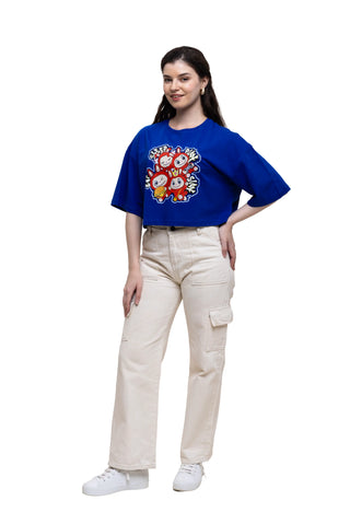 TURQTANG Iconic Crop Top Quad Squad in Monarch Blue with Crowned Cherry – Dual-tone streetwear for bold vibes.