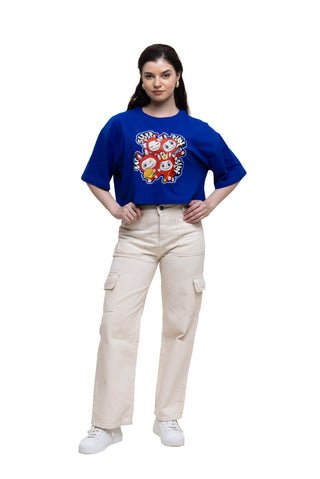TURQTANG Iconic Crop Top The Quad Squad in Monarch Blue with Crowned Cherry – oversized crop top front view.