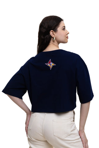 TURQTANG Comic Code Crop Top in Mystic Navy – trendy streetwear crop top with bold style.