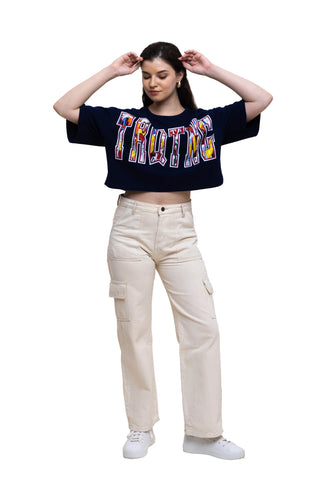 TURQTANG Comic Code Crop Top in Mystic Navy – trendy streetwear crop top with bold style.