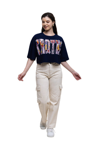 TURQTANG Comic Code Crop Top in Mystic Navy – trendy streetwear crop top with bold style.