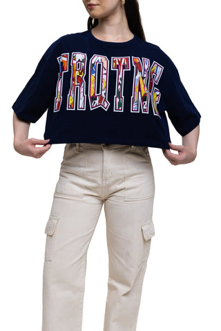 TURQTANG Comic Code Crop Top in Mystic Navy – trendy streetwear crop top with bold style.