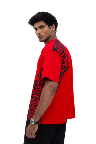 TURQTANG Obsidian Flame Oversized T-Shirt in Flaming Red – relaxed fit side profile.