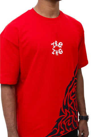 TURQTANG Obsidian Flame Oversized T-Shirt in Flaming Red – graphic print and fabric detail close-up.