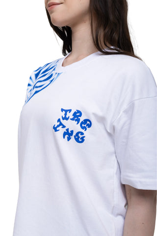 TURQTANG Sapphire Smoke Oversized T-Shirt in Smoking White – fabric texture and design close-up.
