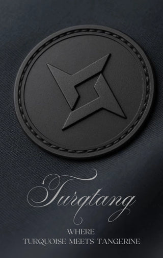 Black circular logo with star design on a dark textured background, featuring the brand 'Turqtang'.