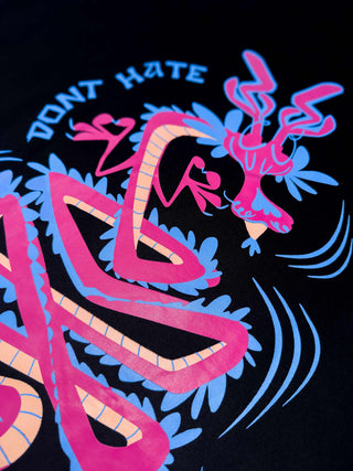 Close-up of neck print on Divine Dragon Oversized Sweatshirt sweatshirt in classic black color
