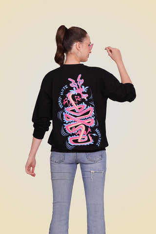 classic black Divine Dragon Oversized Sweatshirt unisex sweatshirt worn by female model, back view
