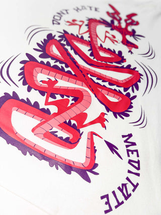 Close-up of neck print on Divine Dragon Oversized Sweatshirt sweatshirt in pastel cream color