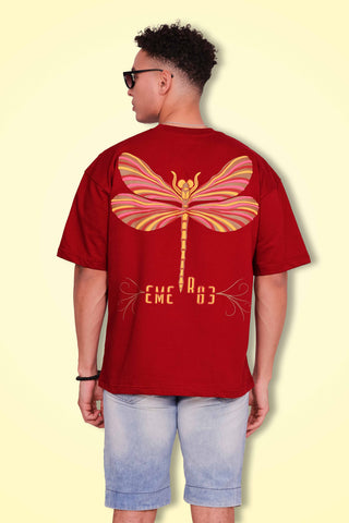 burgundy Dragonfly Oversized Tee-Shirt unisex T-shirt worn by male model, back view

