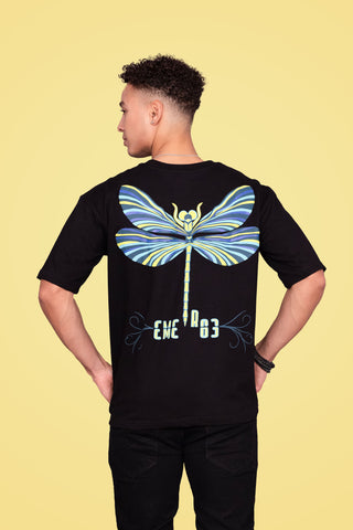 classic black Dragonfly Oversized Tee-Shirt unisex T-shirt worn by male model, back view