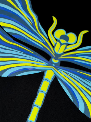 Close-up of Dragonfly graphic print detail on Dragonfly Oversized Tee-Shirt unisex T-shirt in classic black color