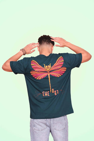 teal green Dragonfly Oversized Tee-Shirt unisex T-shirt worn by male model, back view