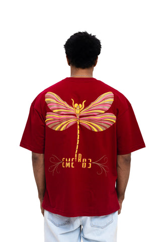 TURQTANG Dragonfly Oversized T-Shirt in Burgundy – Fashion-forward comfort with artistic detail.