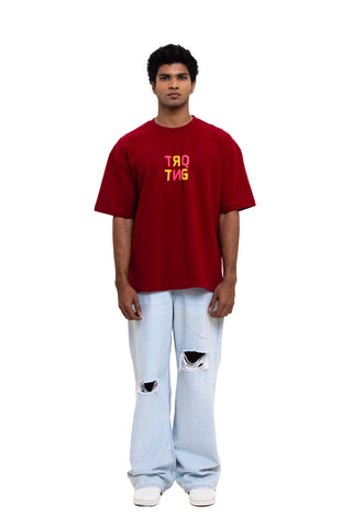 TURQTANG Dragonfly Oversized T-Shirt in Burgundy – Fashion-forward comfort with artistic detail.