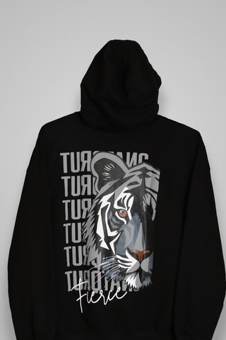 Back view showing graphic print on Fierce oversized unisex hoodie in classic black