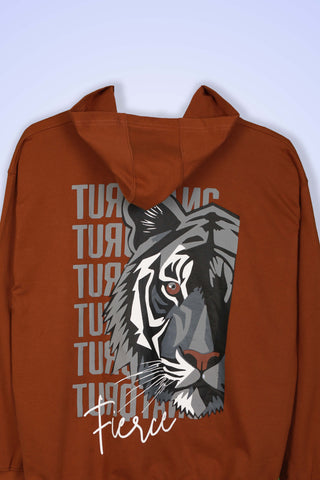 Back view showing graphic print on Fierce oversized unisex hoodie in mahogany color