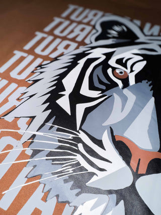 Close-up of neck print on Fierce oversized hoodie in mahogany color