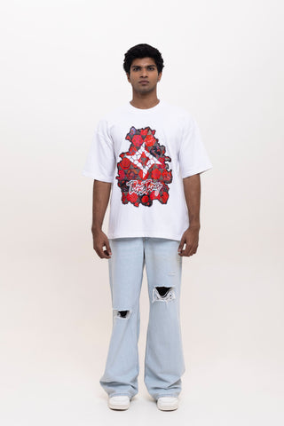 FLORAL INFERNO OVERSIZED TEE-SHIRT - SNOW WHITE