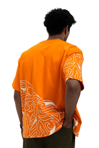 TURQTANG Jade Blaze Oversized T-Shirt in Blazing Orange – back design streetwear tee back angle view.