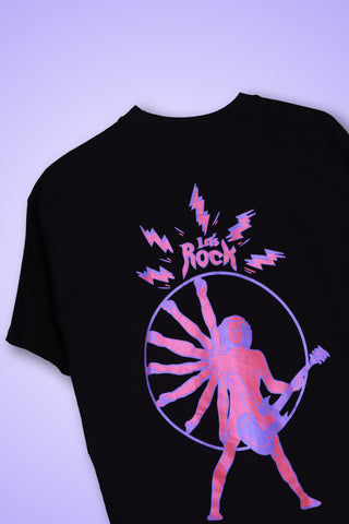 Back view showing graphic print on Lets Rock Oversized Tee-Shirt unisex T-shirt in classic black color