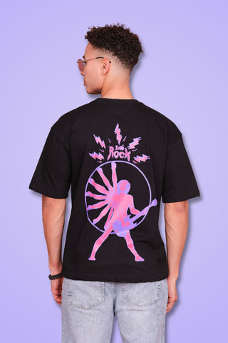 classic black Lets Rock Oversized Tee-Shirt unisex T-shirt worn by male model, back view