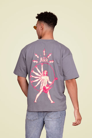 steel grey Lets Rock Oversized Tee-Shirt unisex T-shirt worn by male model, back view