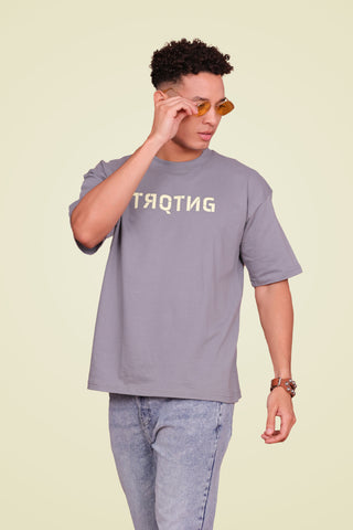 Lets Rock Oversized Tee-Shirt unisex T-shirt in steel grey color worn by male model, front full view