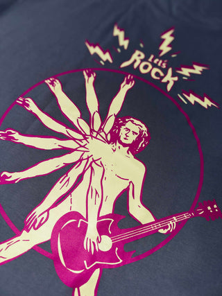 Close-up of neck print on Lets Rock Oversized Tee-Shirt T-shirt in steel grey color