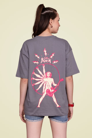 steel grey Lets Rock Oversized Tee-Shirt unisex T-shirt worn by female model, back view