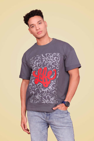 Life Oversized Tee-Shirt unisex T-shirt in midnight grey color worn by male model, front full view