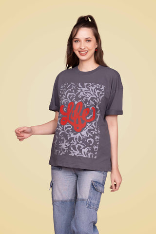 midnight grey Life Oversized Tee-Shirt unisex T-shirt worn by female model, front view