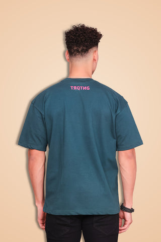 Life Oversized Tee-Shirt unisex T-shirt in teal green color worn by male model, back full view